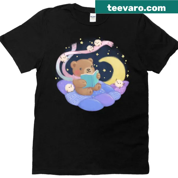 T-shirt with teddy bear reading surrounded by fluffy monsters