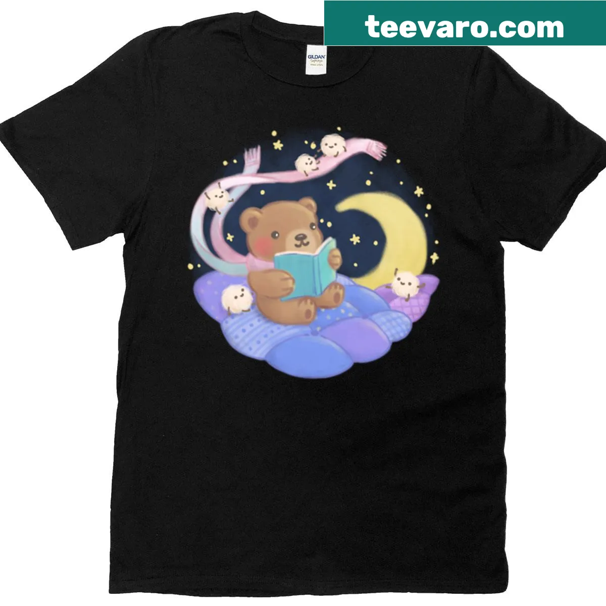 T-shirt with teddy bear reading surrounded by fluffy monsters — on a men's t-shirt