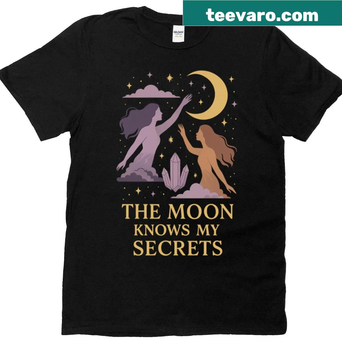 Whimsical graphic featuring the phrase The Moon Knows My Secrets — on a men's t-shirt