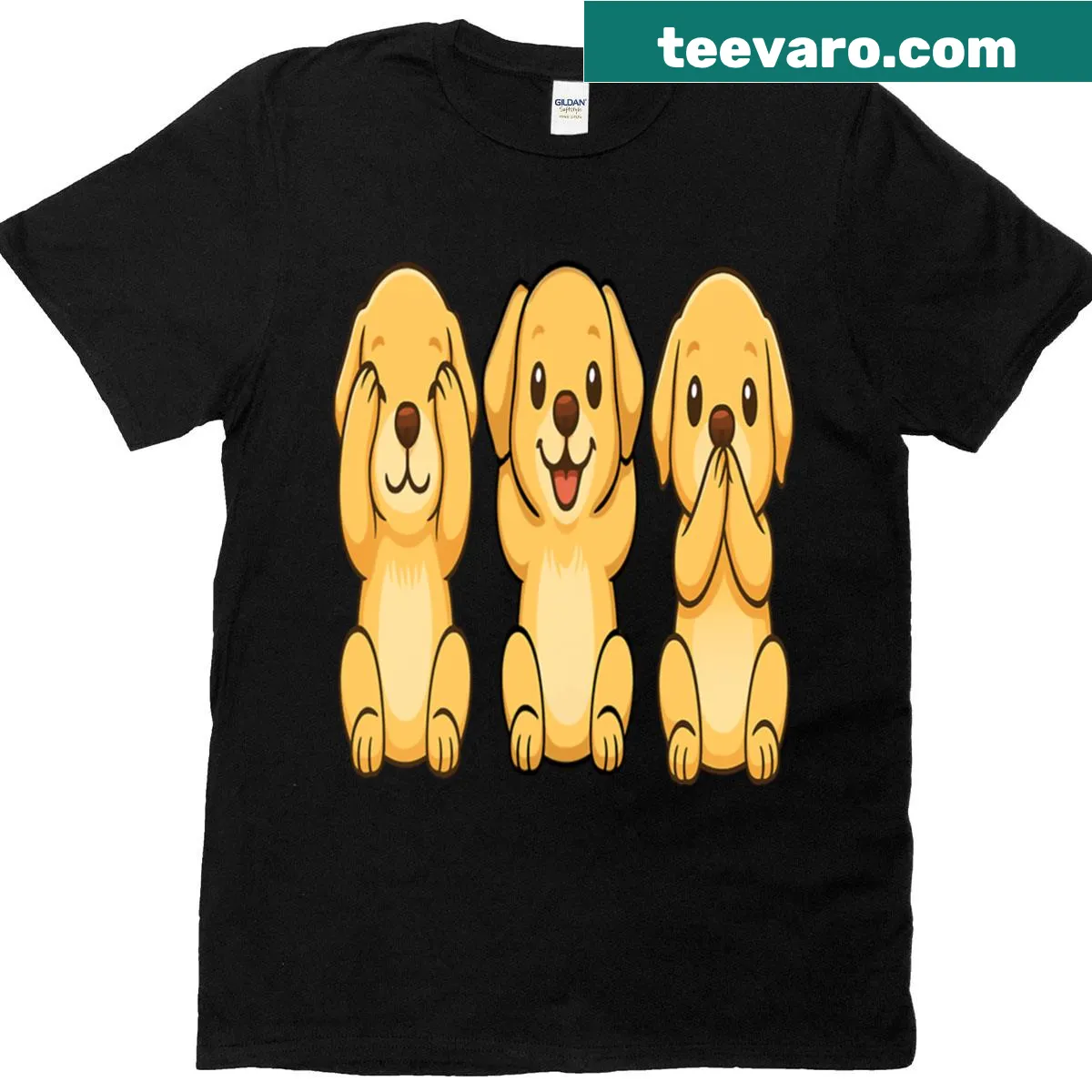 T-shirt with three wise dogs illustrating see, hear, speak no evil — on a men's t-shirt