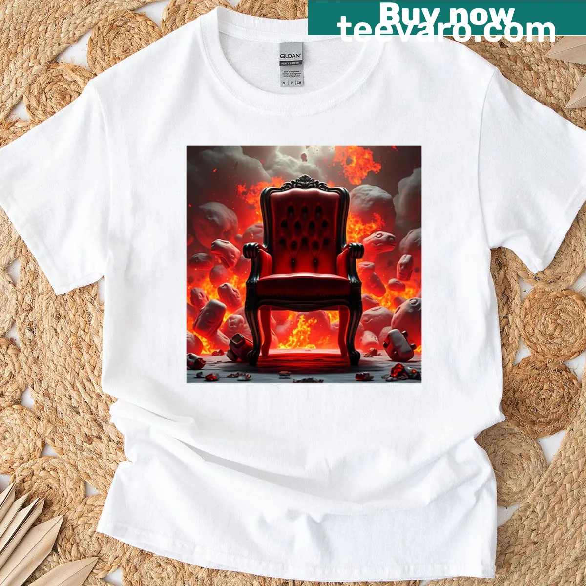 Illustration of a throne engulfed in flames, representing fire and chaos — on a men's t-shirt