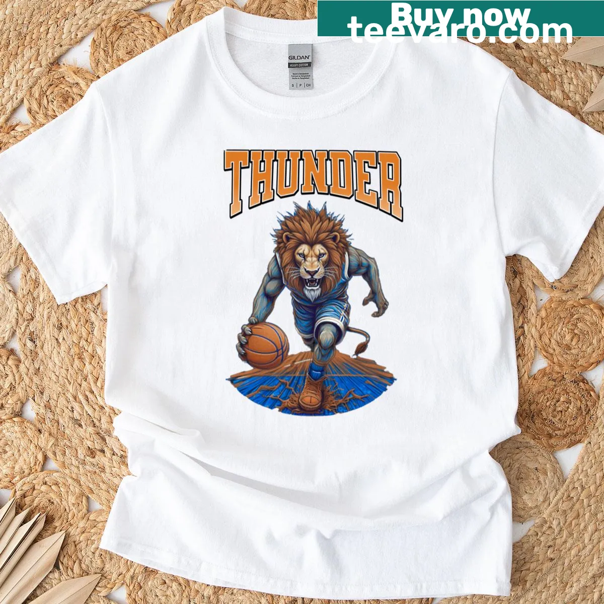 Cartoon thunder lion basketball mascot graphic on T-shirt. — on a men's t-shirt