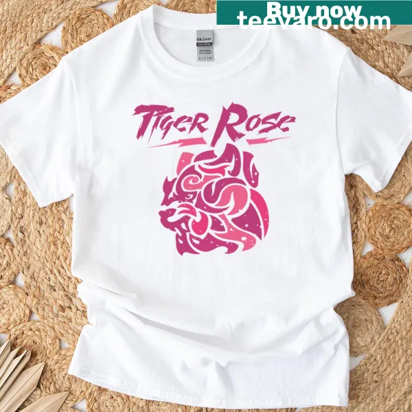 Illustration of a tiger and roses on T-shirt, symbolizing strength and beauty.