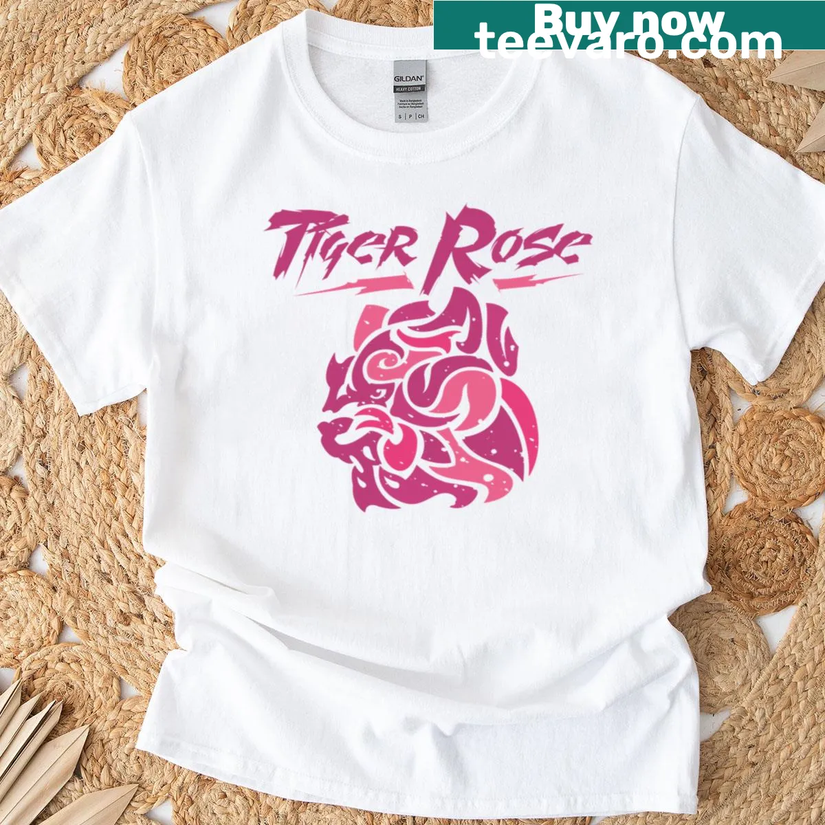Illustration of a tiger and roses on T-shirt, symbolizing strength and beauty. — on a men's t-shirt
