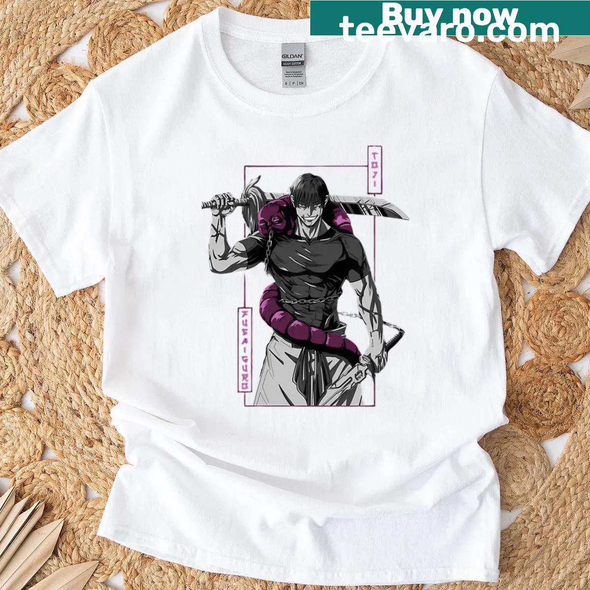 Illustrative T-shirt featuring Toji Fushiguro from anime — on a men's t-shirt