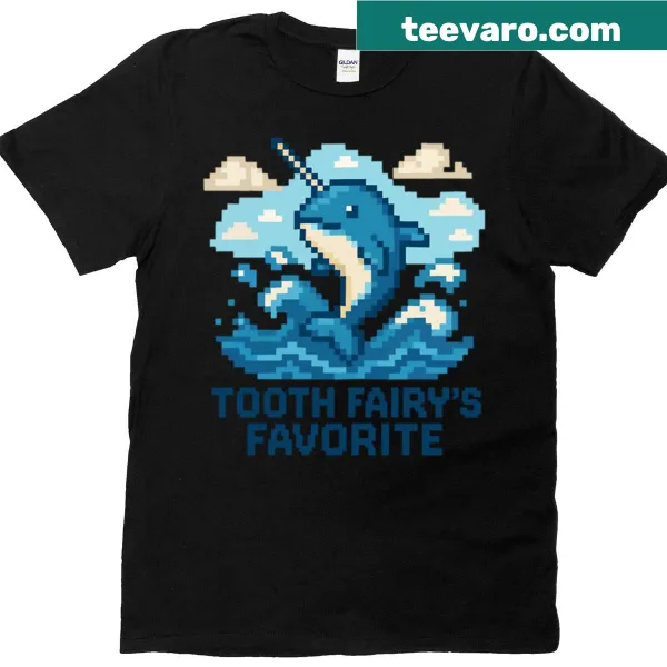 Pixel art of a leaping narwhal on a whimsical t-shirt