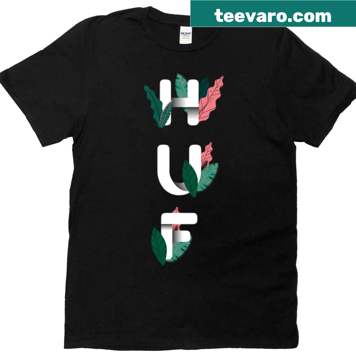 Minimalist tropical design on a black t-shirt — on a men's t-shirt