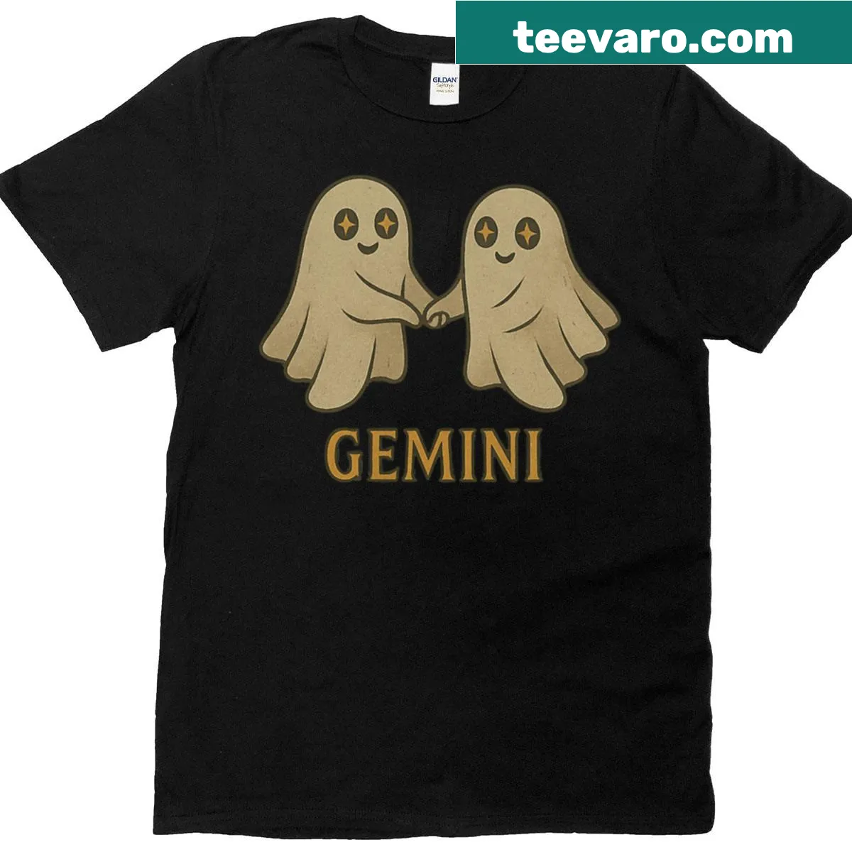 Cute twin ghosts representing Gemini zodiac on a Halloween t-shirt — on a men's t-shirt