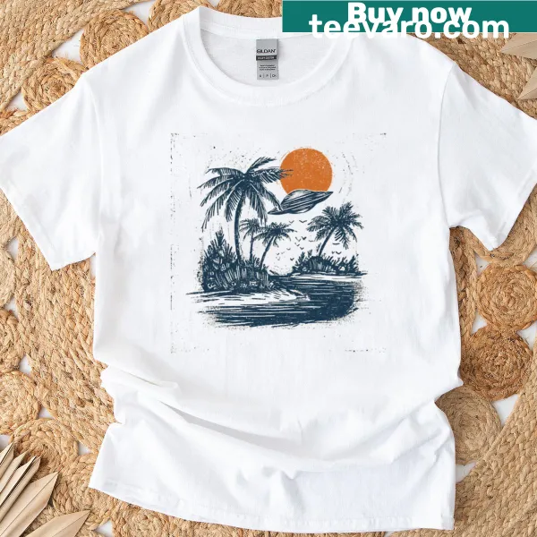 Vintage-style UFO graphic over an island on T-shirt.