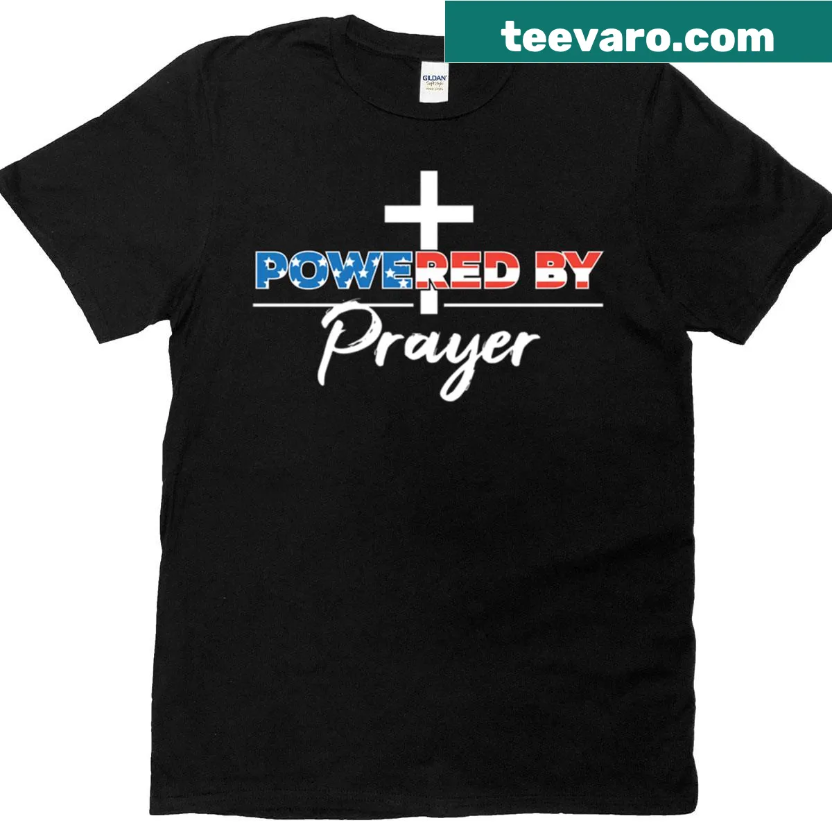 Text graphic promoting prayer and unity on a patriotic t-shirt — on a men's t-shirt