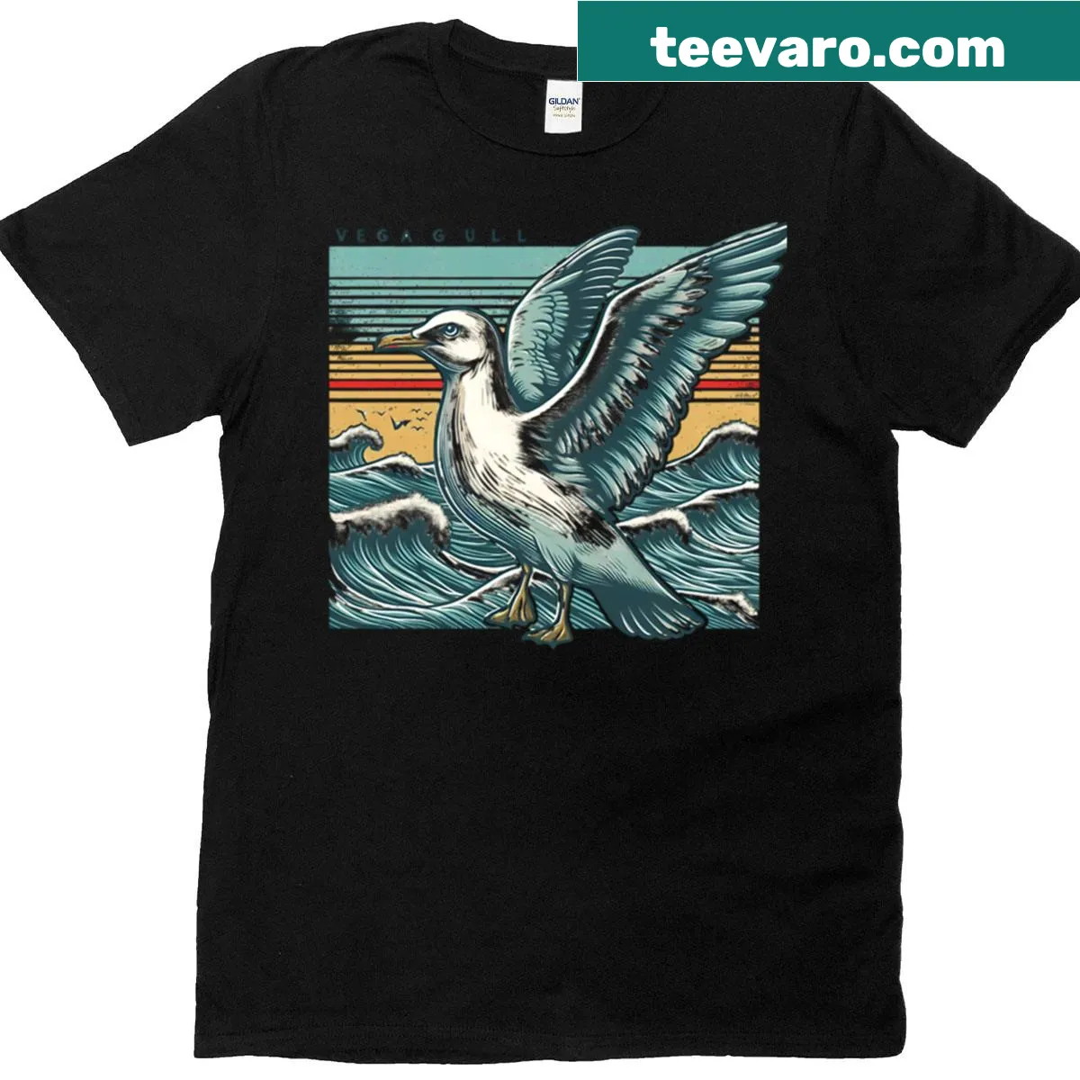 Illustrative T-shirt featuring a Vega Gull in flight — on a men's t-shirt