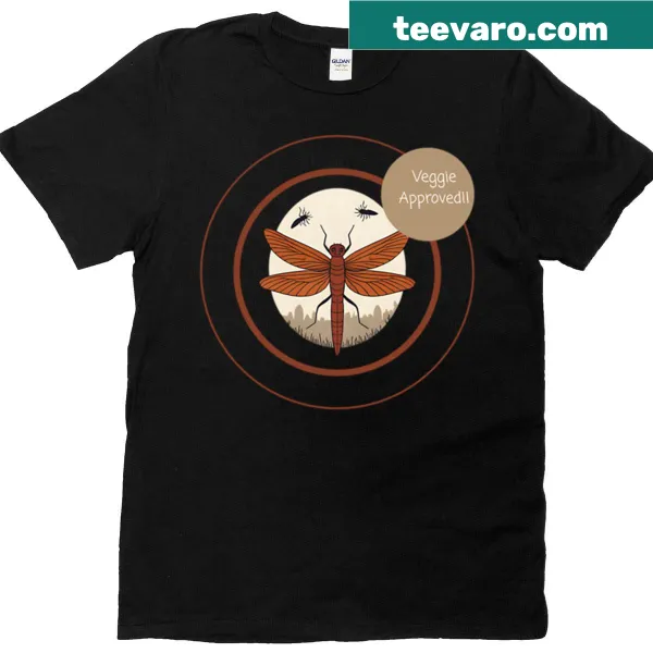 Nature-themed T-shirt featuring a dragonfly and veggie art design
