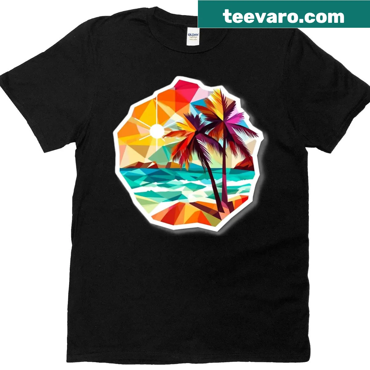 Stylized palm tree silhouette against a geometric sunset design — on a men's t-shirt
