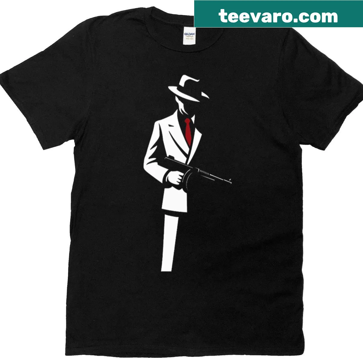 Vintage gangster silhouette with tommy gun in noir art style — on a men's t-shirt