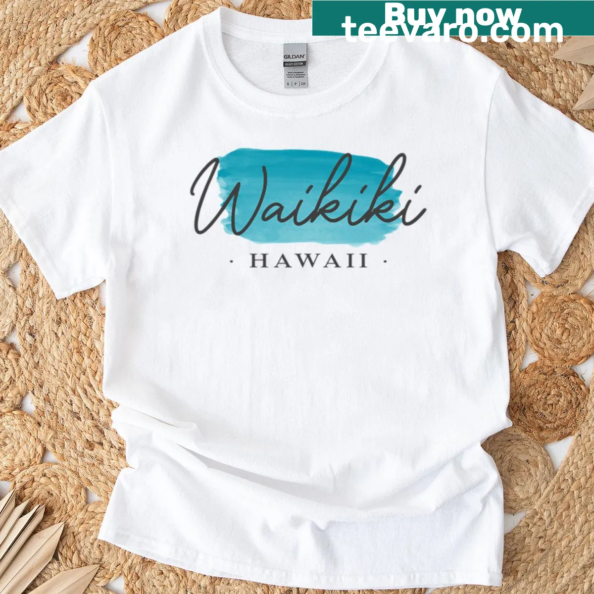 Illustrative Waikiki Hawaii T-shirt featuring a playful brush-stroke design — on a men's t-shirt