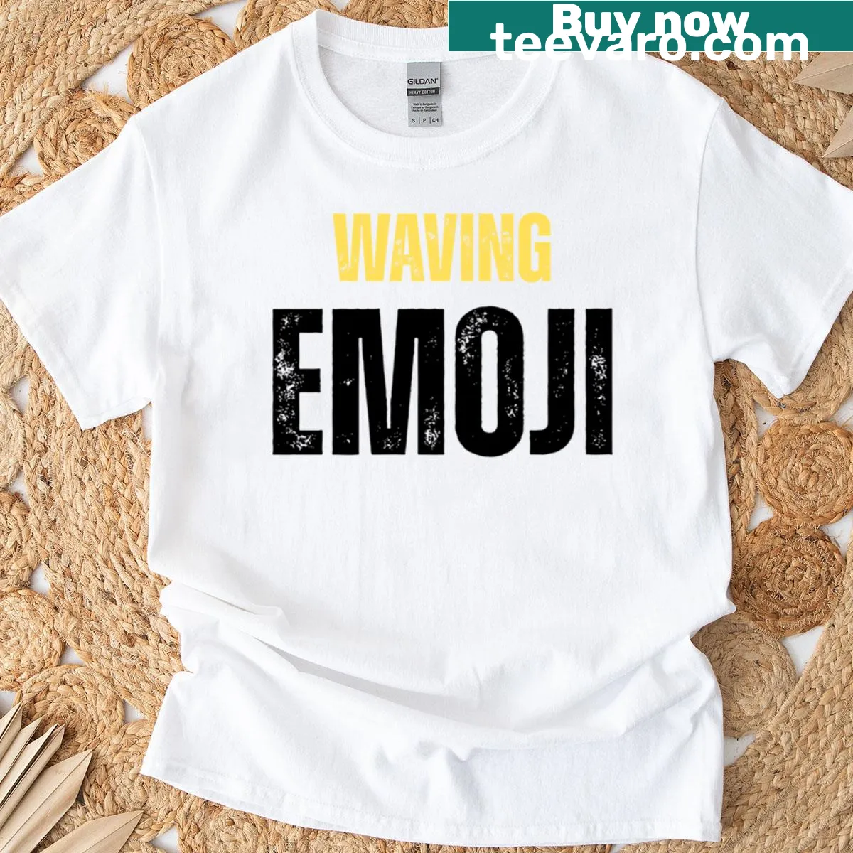 Distressed t-shirt with a waving emoji saying hello — on a men's t-shirt