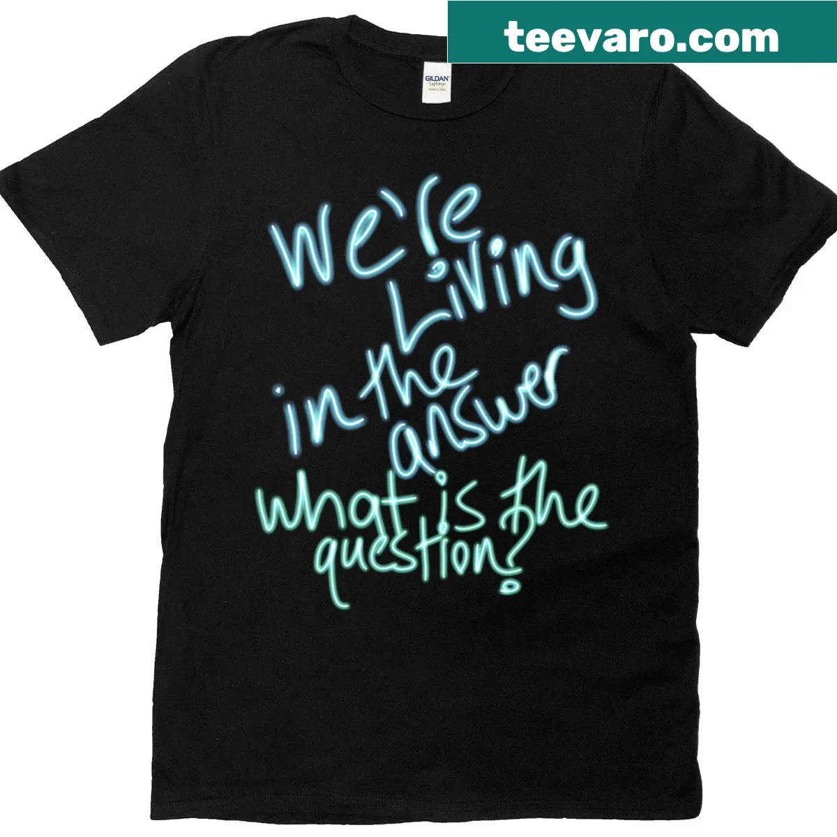 Inspirational t-shirt with We're Living In The Answer text — on a men's t-shirt