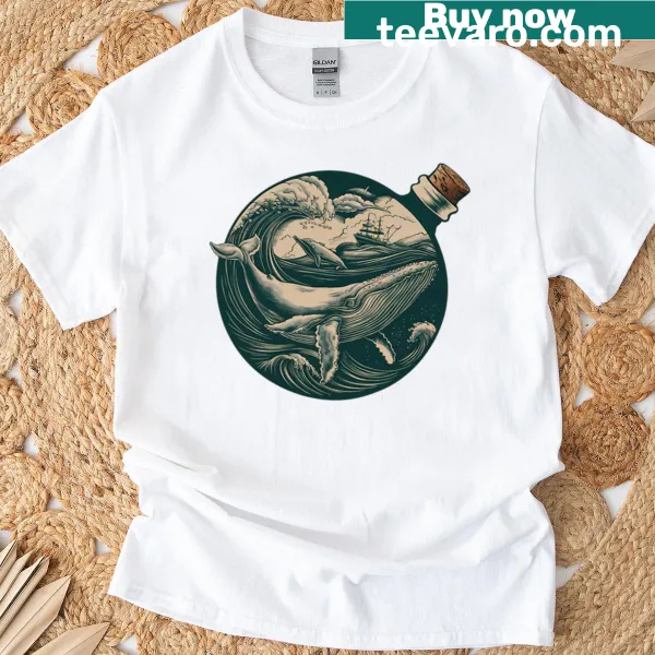 Nautical-themed T-shirt with whale and dolphin in a bottle design