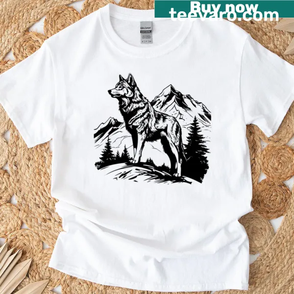 T-shirt featuring a wolf howling at a full moon and mountains
