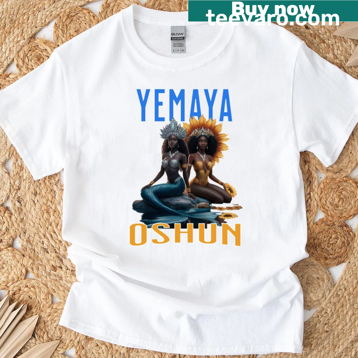 Illustration of goddess Yemaya with flowing water and symbols — on a men's t-shirt
