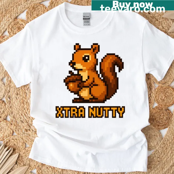 Playful pixel squirrel design featured on a T-shirt