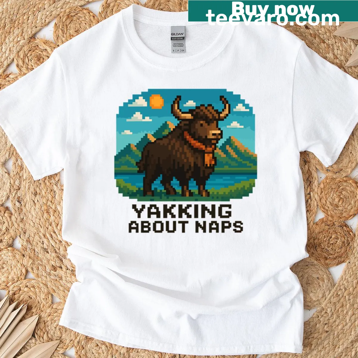 Cozy T-shirt featuring a pixel yak design in the mountains — on a men's t-shirt