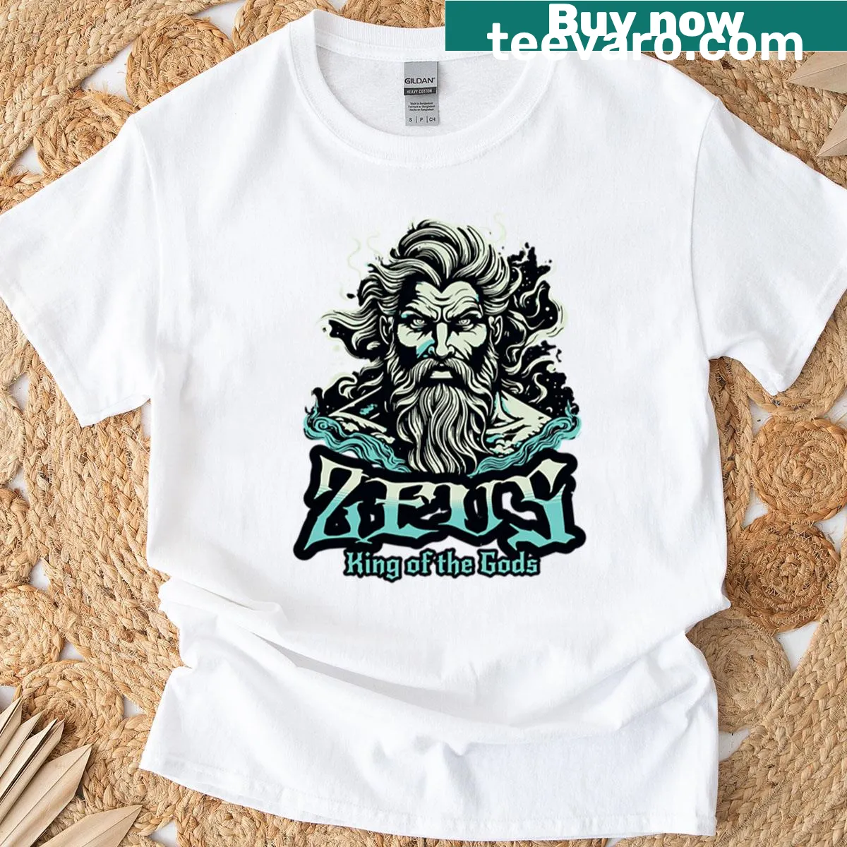 Typography design of Zeus with lightning bolt symbols — on a men's t-shirt