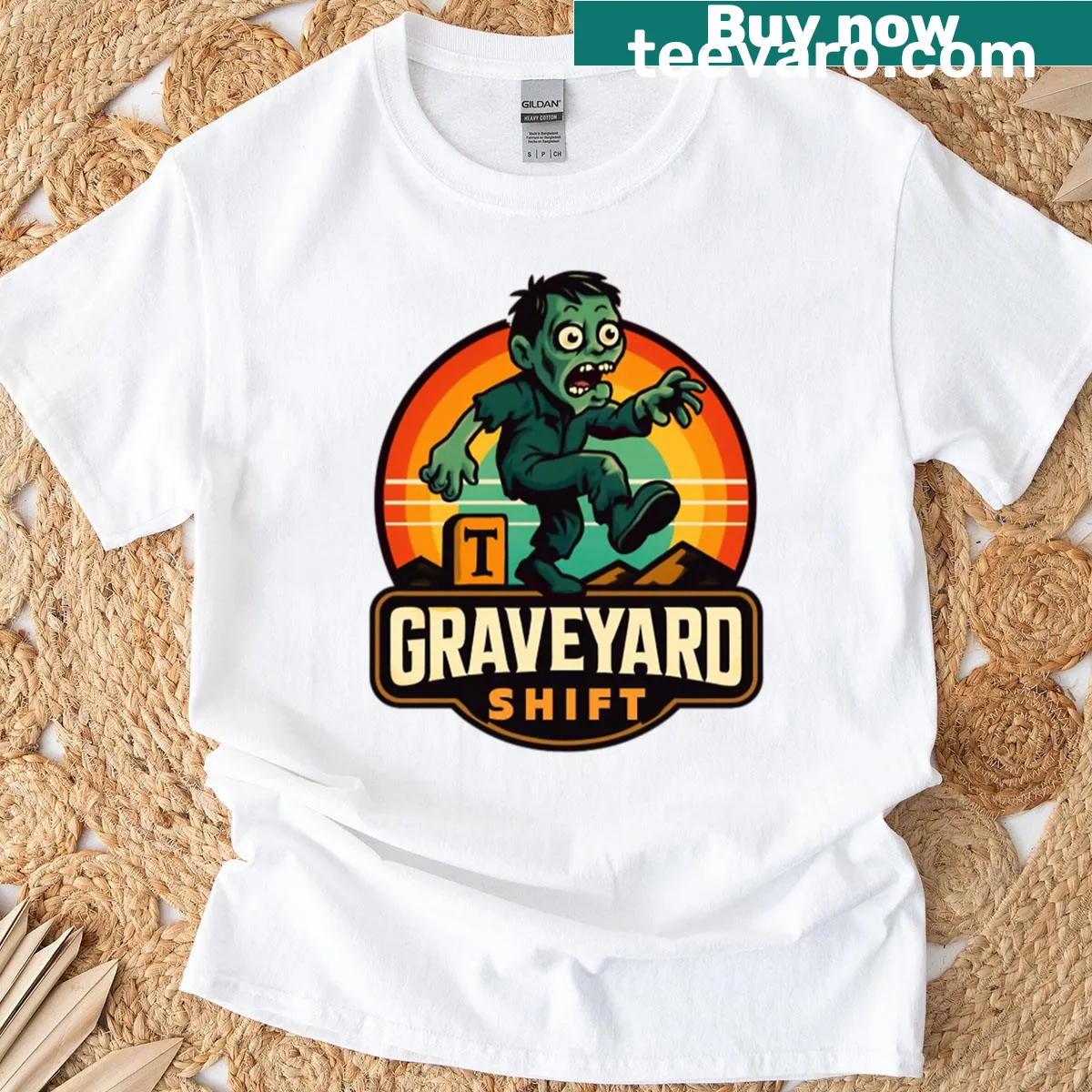 T-shirt with 'Zombie Night Shift' text in a spooky style — on a men's t-shirt