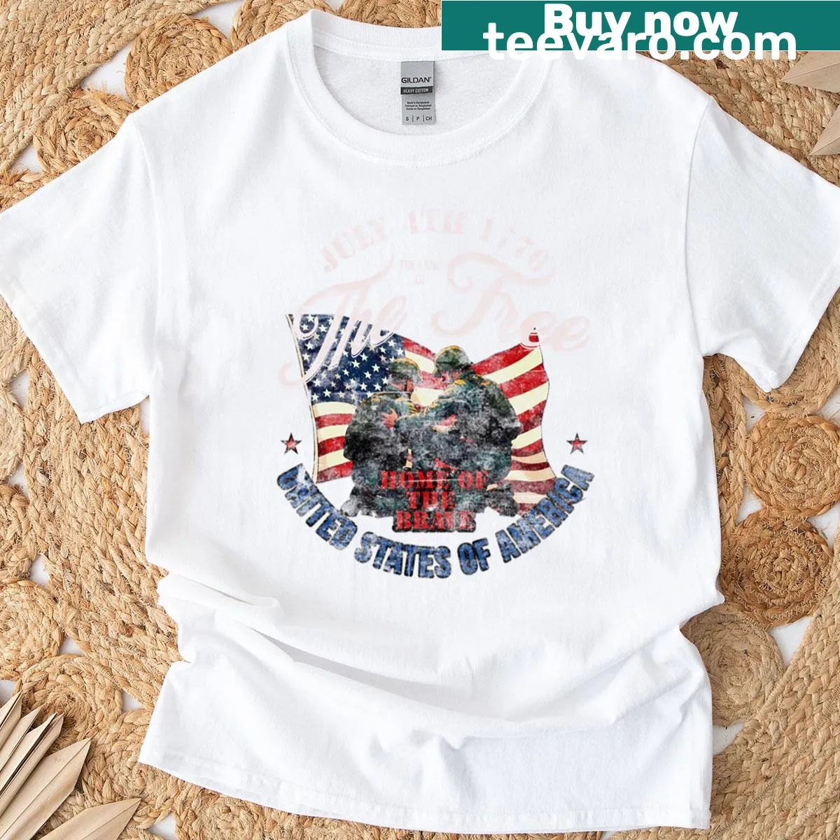 T-shirt with the phrase 'Home Of The Free Land Of The Brave' for patriots. — on a men's t-shirt