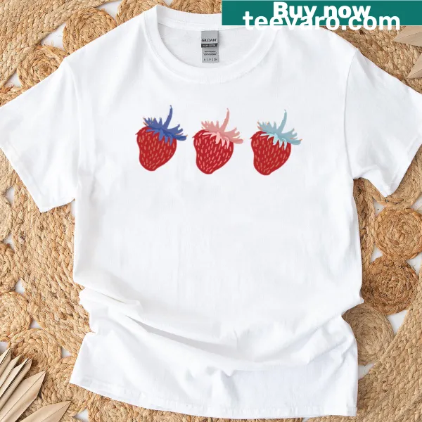 Cute cartoon design of three strawberries in a row on a T-shirt.