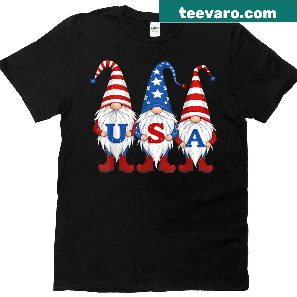 Patriotic 4th of July t-shirt with gnome characters in red, white, and blue — on a men's t-shirt