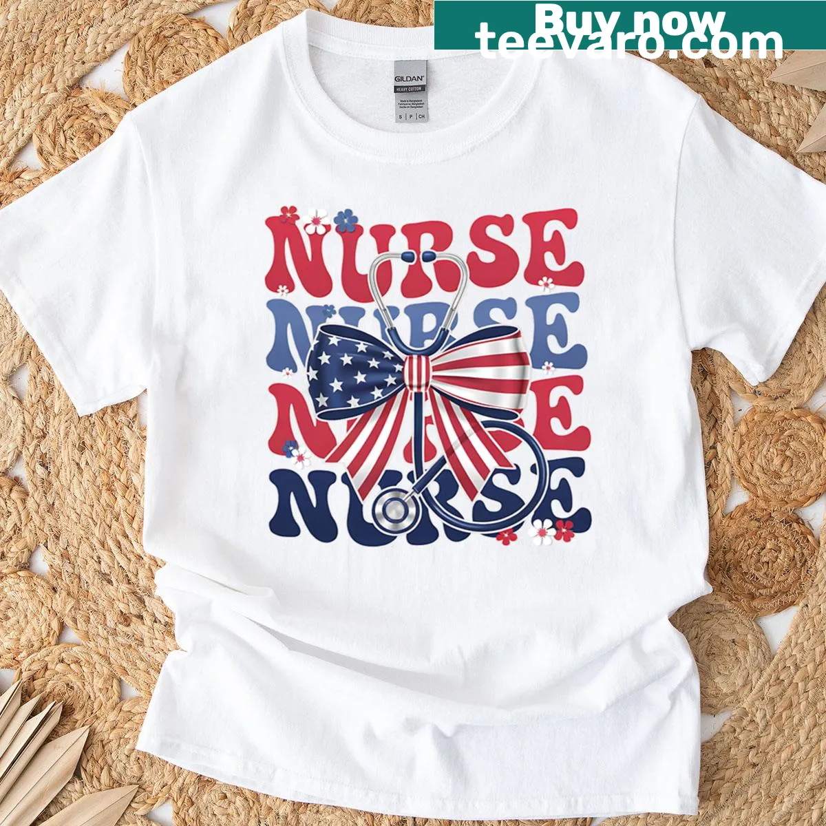 Retro themed T-shirt for nurses celebrating the 4th of July. — on a men's t-shirt