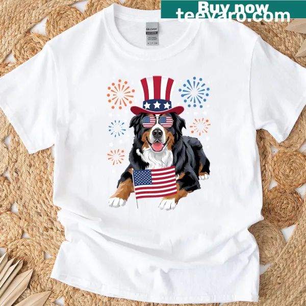Patriotic T-shirt featuring a Bernese Mountain Dog for dog lovers.