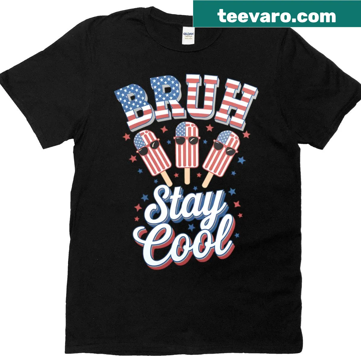 Cartoon ice cream with 'Stay Cool' text on a patriotic T-shirt — on a men's t-shirt