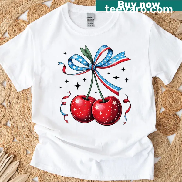 Patriotic T-shirt featuring cherries and a bow for women
