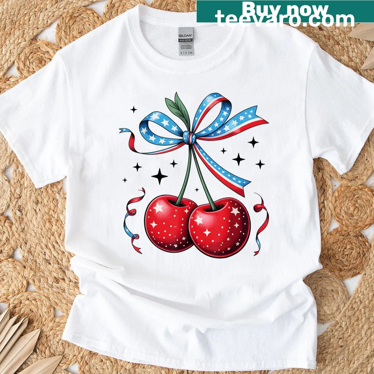 Patriotic T-shirt featuring cherries and a bow for women — on a men's t-shirt