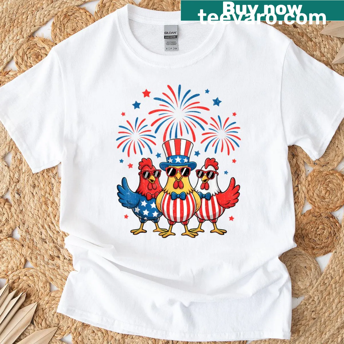 Fourth of July themed T-shirt with chickens and stars and stripes design — on a men's t-shirt