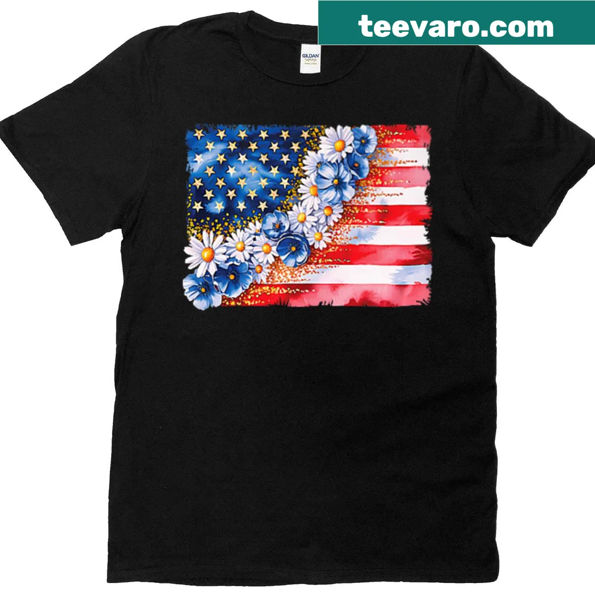 Floral American flag T-shirt for women featuring two-sided graphic — on a men's t-shirt