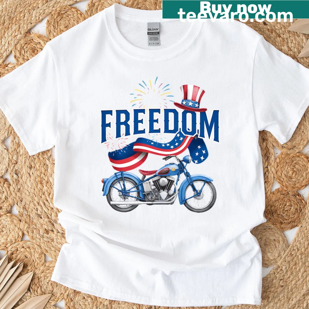 Fourth of July themed motorcycle T-shirt celebrating freedom — on a men's t-shirt