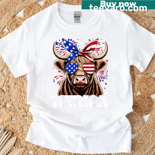 Highland cow in patriotic design celebrating the 4th of July