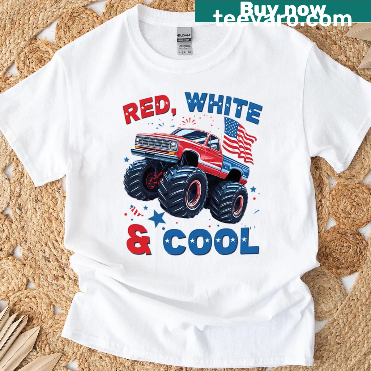 Cartoon monster truck with fireworks design for the 4th of July — on a men's t-shirt