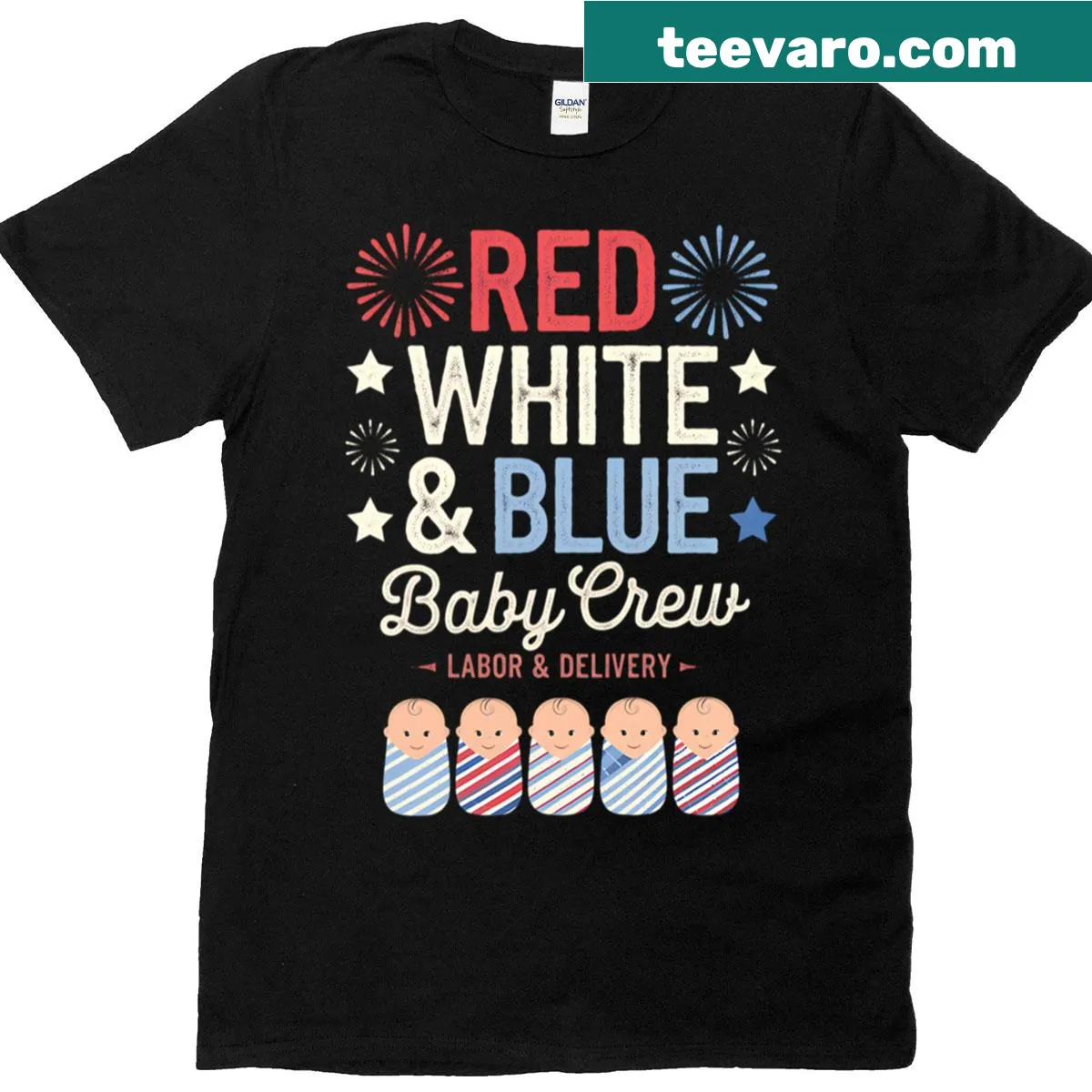 'Red White Blue Baby Crew' graphic on a Fourth of July T-shirt — on a men's t-shirt