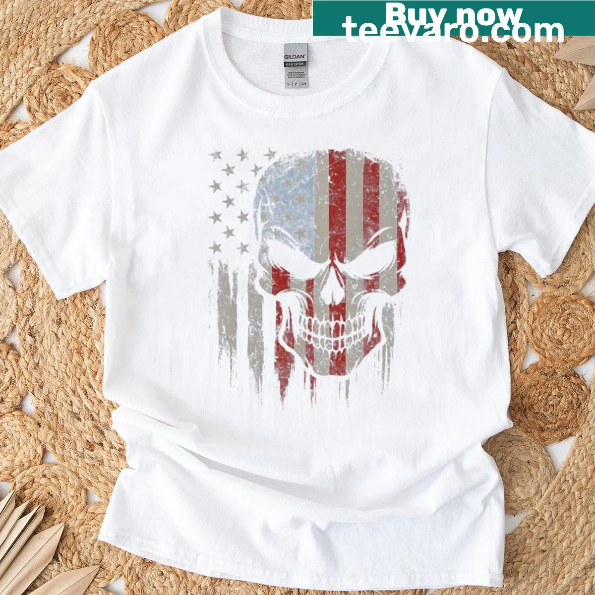 Skull with American flag design on a 4th of July T-shirt — on a men's t-shirt