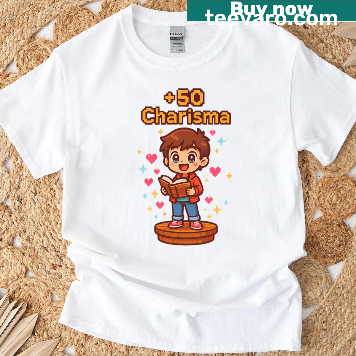 Pixel art character design for young gamer featuring humorous elements — on a men's t-shirt