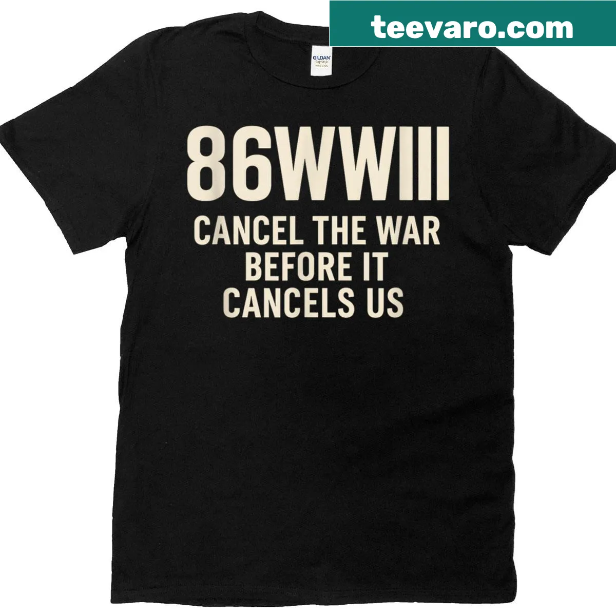 Graphic text advocating for peace on t-shirt — on a men's t-shirt