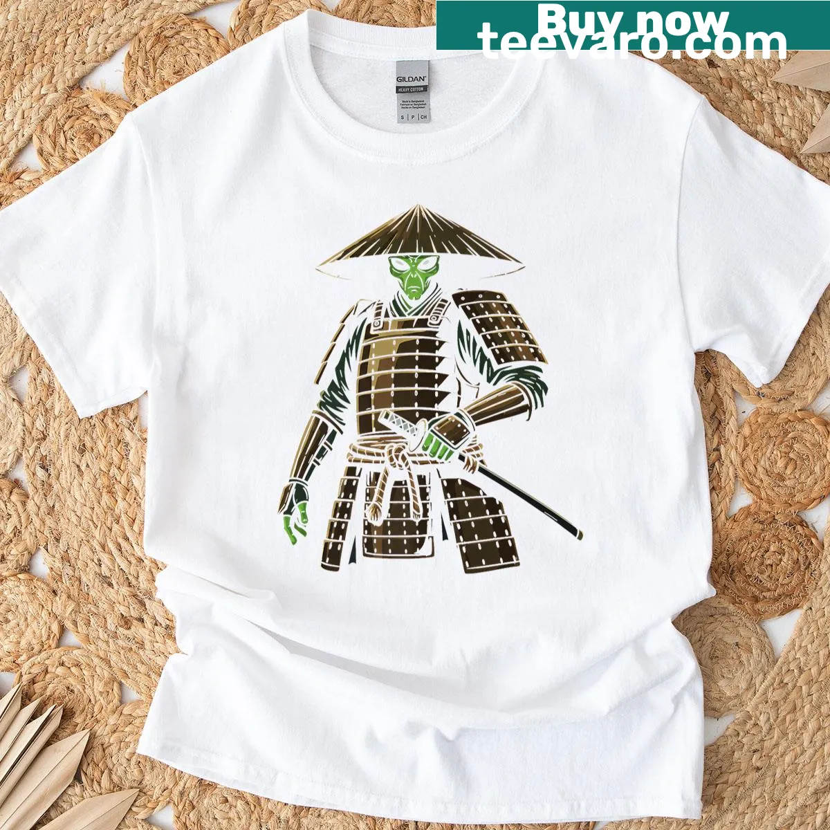 Intricate alien samurai design T-shirt for men blending cultures — on a men's t-shirt