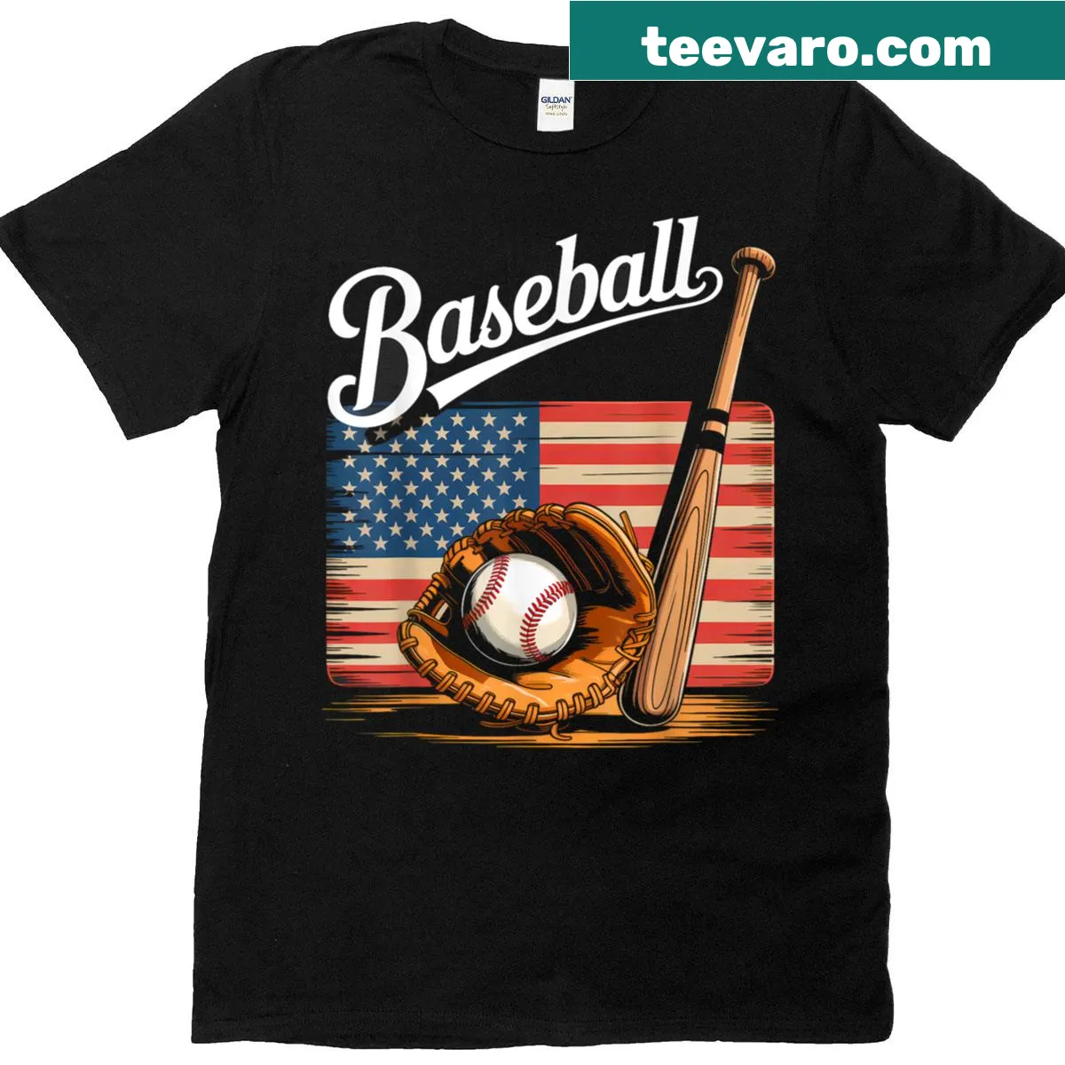 American flag and baseball graphic on t-shirt — on a men's t-shirt