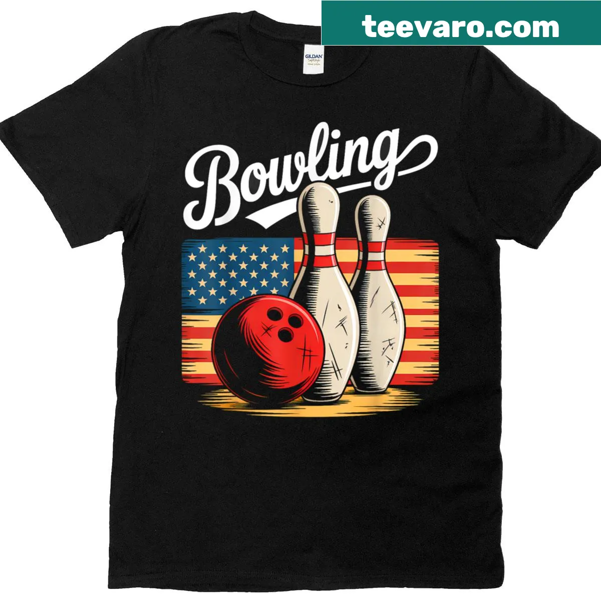 American flag and bowling graphic on t-shirt — on a men's t-shirt