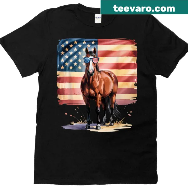 T-shirt featuring an American flag horse graphic for 4th of July.