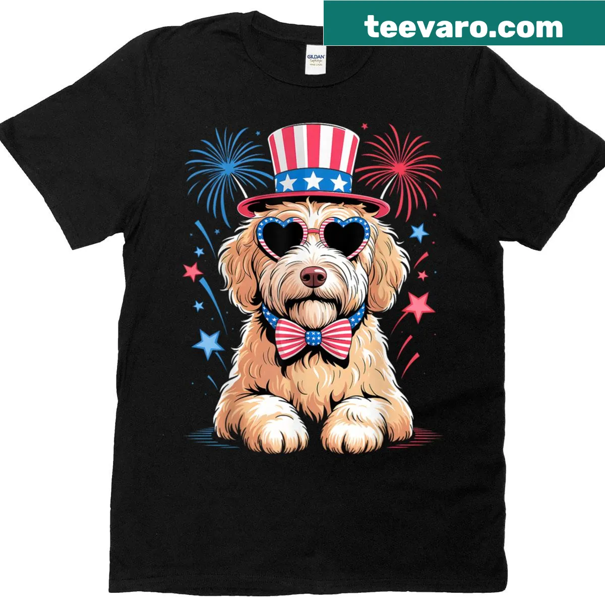 Goldendoodle with American flag design for Fourth of July — on a men's t-shirt